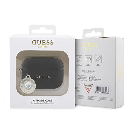 Airpods Pro 2 Uyumlu Kılıf Guess Orjinal Lisanslı Glitter Elmas Kalp Süs Zincirli Siyah