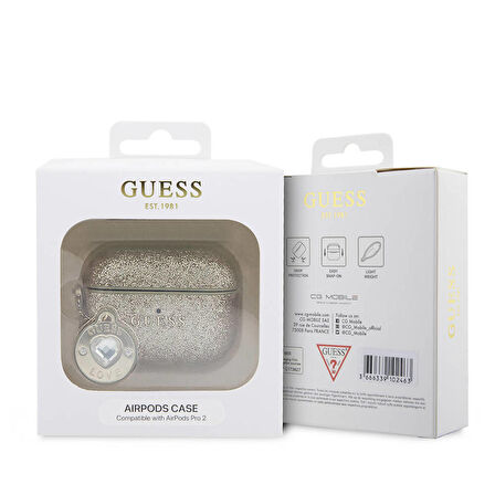 Airpods Pro 2 Uyumlu Kılıf Guess Orjinal Lisanslı Glitter Elmas Kalp Süs Zincirli Gold