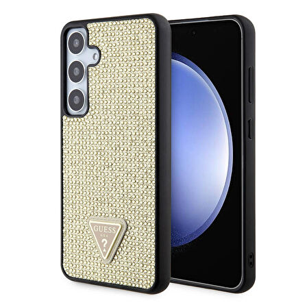Galaxy S24 Uyumlu Kılıf Guess Lisanslı Taşlı Arka Yüzey Üçgen Logolu Kapak Gold