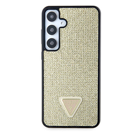 Galaxy S24 Uyumlu Kılıf Guess Lisanslı Taşlı Arka Yüzey Üçgen Logolu Kapak Gold