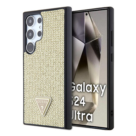 Galaxy S24 Ultra Uyumlu Kılıf Guess Lisanslı Taşlı Arka Yüzey Üçgen Logolu Kapak Gold