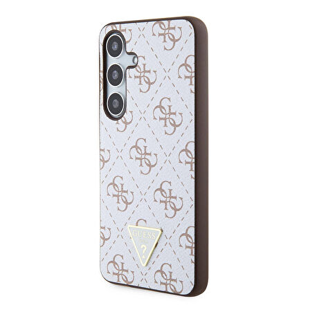 Galaxy S24 Uyumlu Kılıf Guess Lisanslı PU Üçgen Logo 4G Desenli Kapak Beyaz