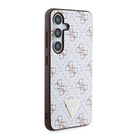Galaxy S24 Uyumlu Kılıf Guess Lisanslı PU Üçgen Logo 4G Desenli Kapak Beyaz