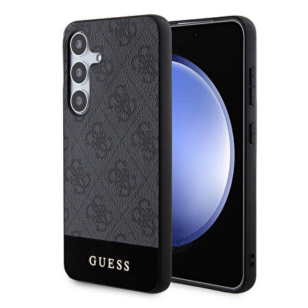 Galaxy S24 Uyumlu Kılıf Guess Lisanslı PU Deri Şerit Logo Dizaynlı Kapak Siyah
