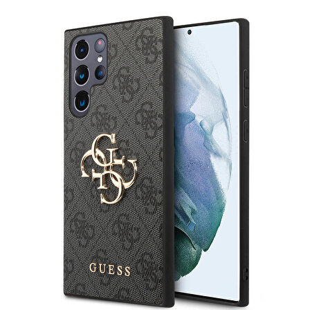 Galaxy S24 Ultra Uyumlu Kılıf Guess Lisanslı PU Deri Yazı ve 4G Metal Logolu Desenli Kapak Siyah