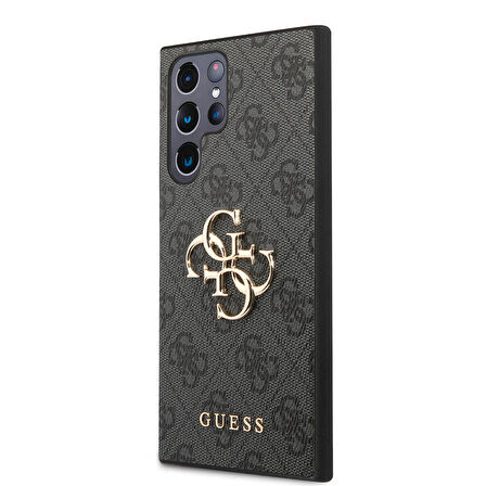 Galaxy S24 Ultra Uyumlu Kılıf Guess Lisanslı PU Deri Yazı ve 4G Metal Logolu Desenli Kapak Siyah