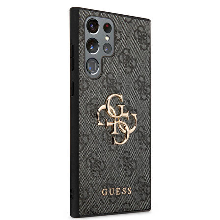 Galaxy S24 Ultra Uyumlu Kılıf Guess Lisanslı PU Deri Yazı ve 4G Metal Logolu Desenli Kapak Siyah