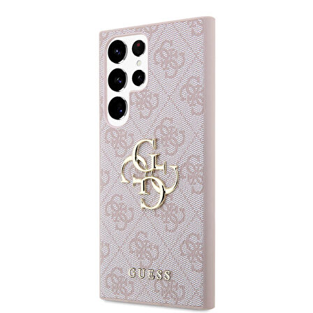 Galaxy S24 Ultra Uyumlu Kılıf Guess Lisanslı PU Deri Yazı ve 4G Metal Logolu Desenli Kapak Pembe