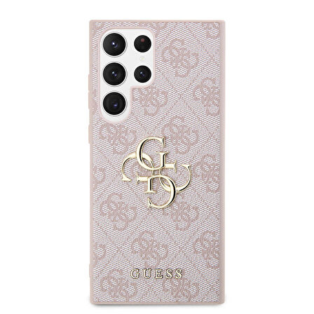 Galaxy S24 Ultra Uyumlu Kılıf Guess Lisanslı PU Deri Yazı ve 4G Metal Logolu Desenli Kapak Pembe