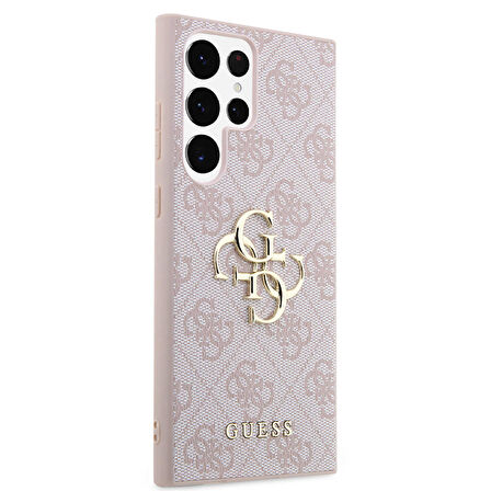 Galaxy S24 Ultra Uyumlu Kılıf Guess Lisanslı PU Deri Yazı ve 4G Metal Logolu Desenli Kapak Pembe