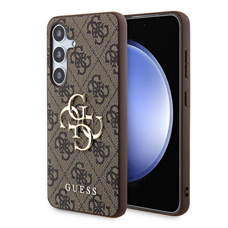 Galaxy S24 Plus Uyumlu Kılıf Guess Lisanslı PU Deri Yazı ve 4G Metal Logolu Desenli Kapak Kahverengi