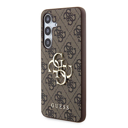 Galaxy S24 Plus Uyumlu Kılıf Guess Lisanslı PU Deri Yazı ve 4G Metal Logolu Desenli Kapak Kahverengi