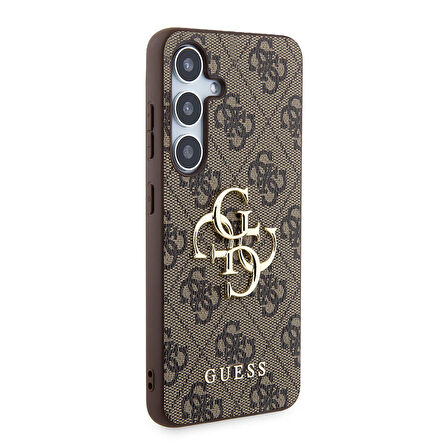 Galaxy S24 Plus Uyumlu Kılıf Guess Lisanslı PU Deri Yazı ve 4G Metal Logolu Desenli Kapak Kahverengi