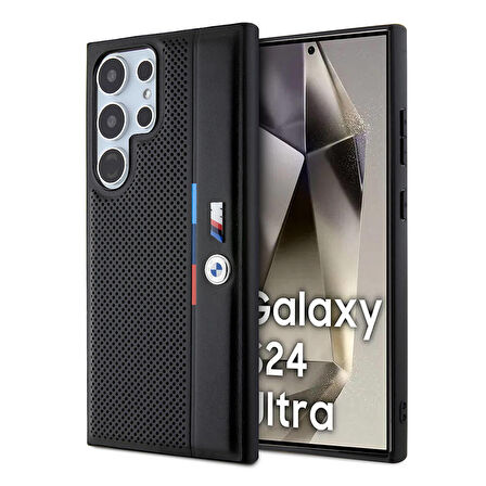 Galaxy S24 Ultra Uyumlu Kılıf BMW Lisanslı M Logolu Üç Renk Çizgili Delikli Detail Line Kapak Siyah