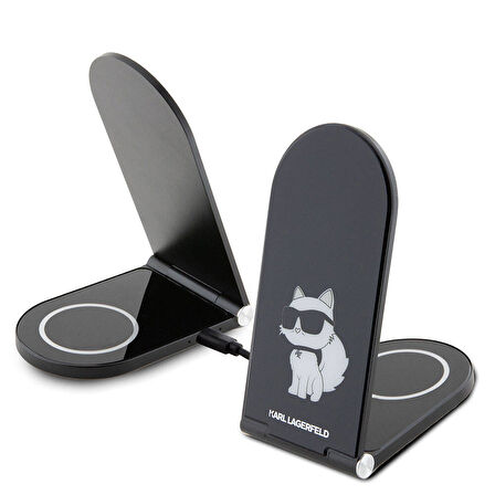 Magnetik Kablosuz Şarj Standı 15W Karl Lagerfeld Orjinal Lisanslı Katlanabilir Choupette Logo Siyah