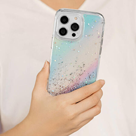 iPhone 14 Pro Max Uyumlu Kılıf Parlayan Simli Şeffaf Lisanslı Switcheasy Starfield Kapak Çok Renkli