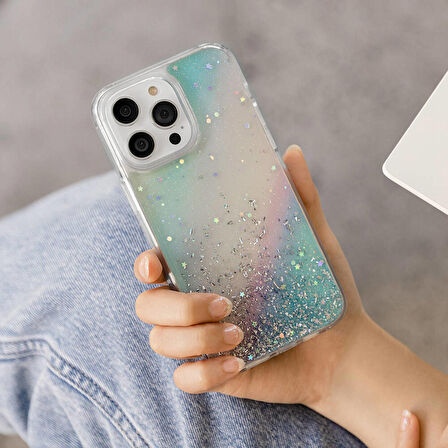 iPhone 14 Pro Max Uyumlu Kılıf Parlayan Simli Şeffaf Lisanslı Switcheasy Starfield Kapak Çok Renkli