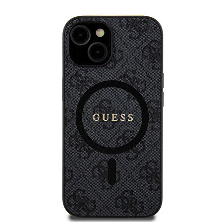iPhone 15 Uyumlu Kılıf Guess Orjinal Lisanslı Magsafe Özellikli 4G Desenli Yazı Logolu Kapak Siyah