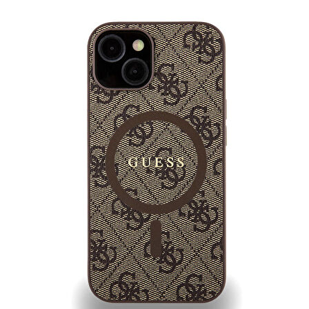 iPhone 14 Uyumlu Kılıf Guess Orjinal Lisanslı Magsafe 4G Desenli Yazı Logolu Kapak Kahverengi