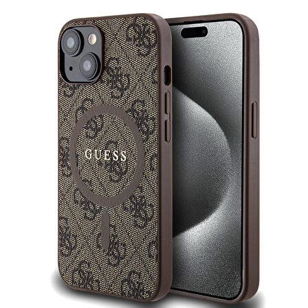 iPhone 14 Uyumlu Kılıf Guess Orjinal Lisanslı Magsafe 4G Desenli Yazı Logolu Kapak Kahverengi