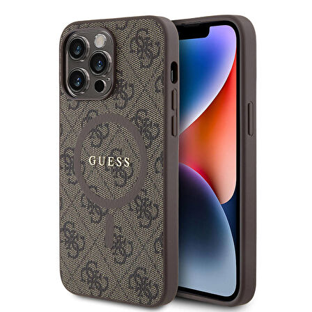 iPhone 14 Pro Max Uyumlu Kılıf Guess Lisanslı Magsafe 4G Desenli Yazı Logolu Kapak Kahverengi