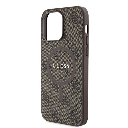 iPhone 14 Pro Max Uyumlu Kılıf Guess Lisanslı Magsafe 4G Desenli Yazı Logolu Kapak Kahverengi