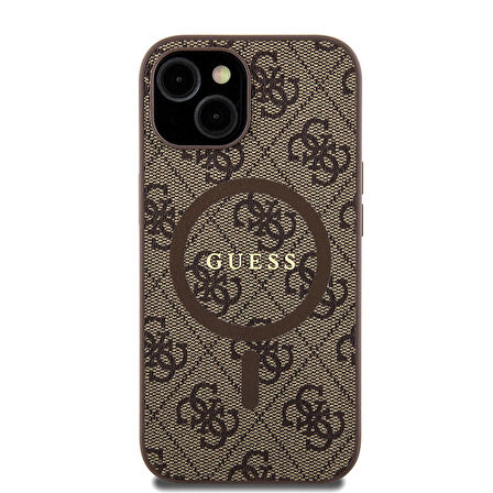 iPhone 15 Uyumlu Kılıf Guess Orjinal Lisanslı Magsafe 4G Desenli Yazı Logolu Kapak Kahverengi