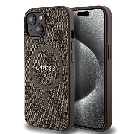 iPhone 15 Uyumlu Kılıf Guess Orjinal Lisanslı Magsafe 4G Desenli Yazı Logolu Kapak Kahverengi