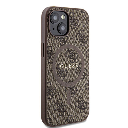 iPhone 15 Uyumlu Kılıf Guess Orjinal Lisanslı Magsafe 4G Desenli Yazı Logolu Kapak Kahverengi