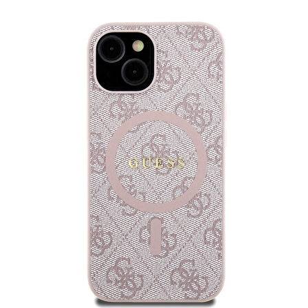 iPhone 15 Uyumlu Kılıf Guess Orjinal Lisanslı Magsafe Özellikli 4G Desenli Yazı Logolu Kapak Pembe