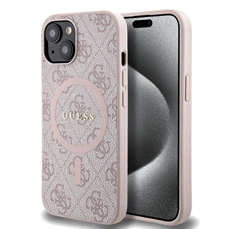 iPhone 15 Uyumlu Kılıf Guess Orjinal Lisanslı Magsafe Özellikli 4G Desenli Yazı Logolu Kapak Pembe