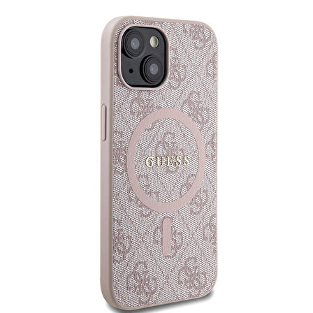 iPhone 15 Uyumlu Kılıf Guess Orjinal Lisanslı Magsafe Özellikli 4G Desenli Yazı Logolu Kapak Pembe