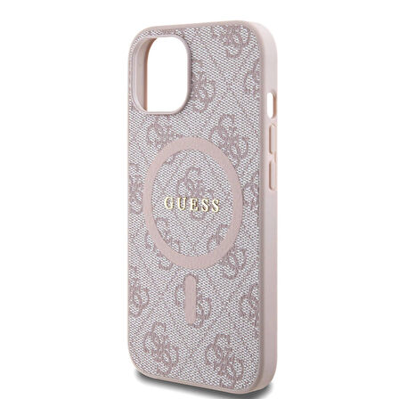 iPhone 15 Uyumlu Kılıf Guess Orjinal Lisanslı Magsafe Özellikli 4G Desenli Yazı Logolu Kapak Pembe