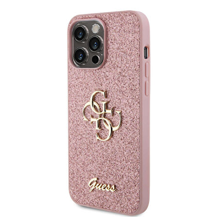 iPhone 14 Pro Max Uyumlu Kılıf Guess Orjinal Lisanslı 4G Büyük Metal Logolu Glitter Kapak Pembe