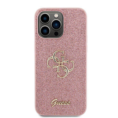 iPhone 14 Pro Max Uyumlu Kılıf Guess Orjinal Lisanslı 4G Büyük Metal Logolu Glitter Kapak Pembe