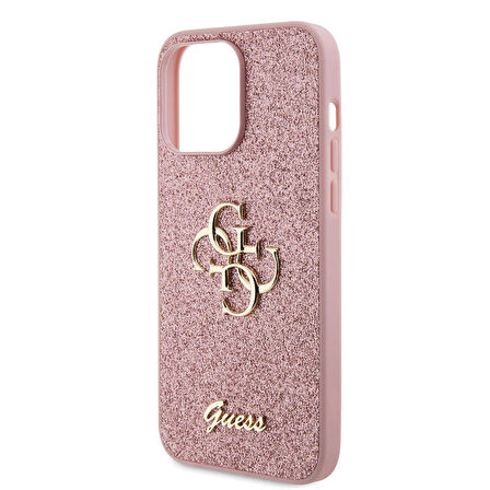 iPhone 14 Pro Max Uyumlu Kılıf Guess Orjinal Lisanslı 4G Büyük Metal Logolu Glitter Kapak Pembe