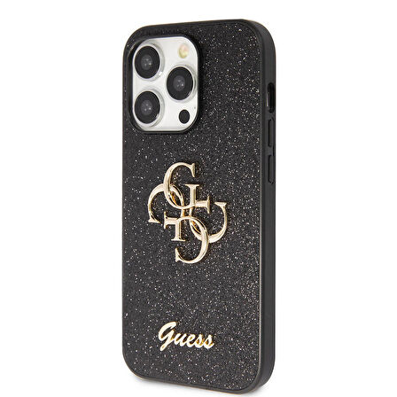iPhone 14 Pro Max Uyumlu Kılıf Guess Orjinal Lisanslı 4G Büyük Metal Logolu Glitter Kapak Siyah