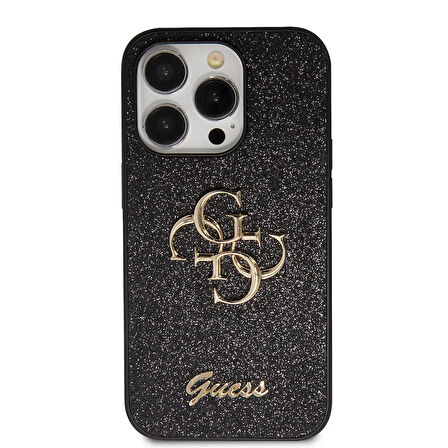 iPhone 14 Pro Max Uyumlu Kılıf Guess Orjinal Lisanslı 4G Büyük Metal Logolu Glitter Kapak Siyah