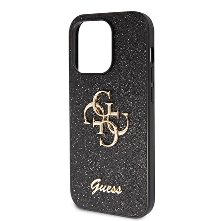 iPhone 14 Pro Max Uyumlu Kılıf Guess Orjinal Lisanslı 4G Büyük Metal Logolu Glitter Kapak Siyah
