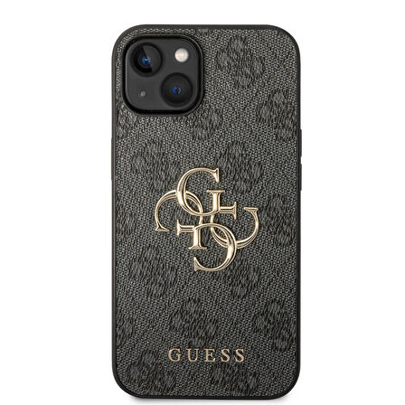 iPhone 14 Uyumlu Kılıf Guess PU Deri Büyük Metal Logo Dizaynlı Kapak Gri