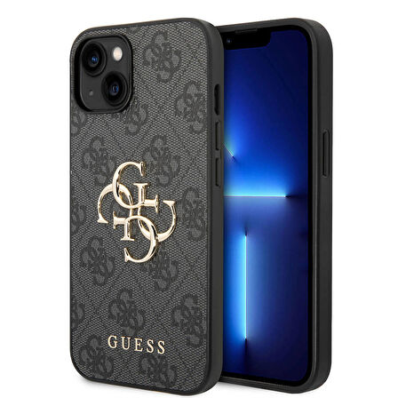 iPhone 14 Uyumlu Kılıf Guess PU Deri Büyük Metal Logo Dizaynlı Kapak Gri