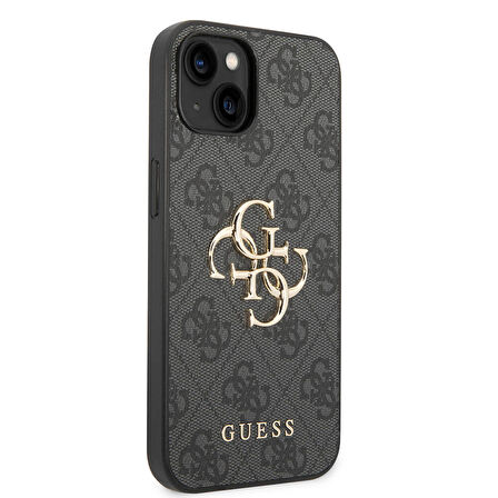 iPhone 14 Uyumlu Kılıf Guess PU Deri Büyük Metal Logo Dizaynlı Kapak Gri