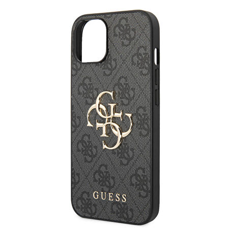 iPhone 14 Uyumlu Kılıf Guess PU Deri Büyük Metal Logo Dizaynlı Kapak Gri