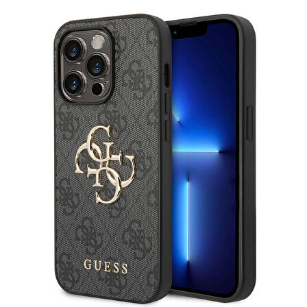 iPhone 14 Pro Uyumlu Kılıf Guess PU Deri Büyük Metal Logo Dizaynlı Kapak Gri