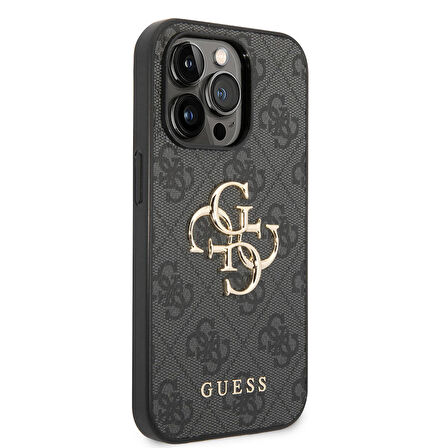 iPhone 14 Pro Uyumlu Kılıf Guess PU Deri Büyük Metal Logo Dizaynlı Kapak Gri