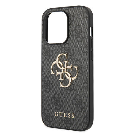 iPhone 14 Pro Uyumlu Kılıf Guess PU Deri Büyük Metal Logo Dizaynlı Kapak Gri