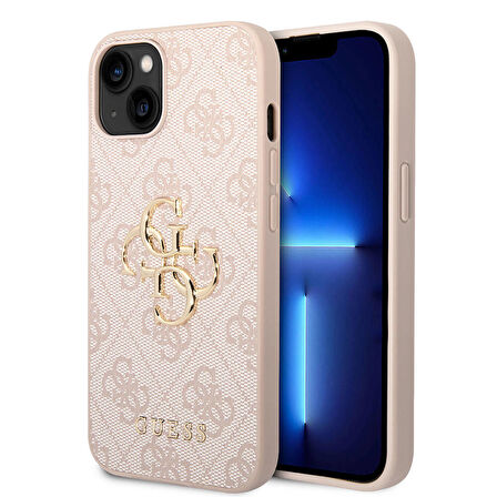 iPhone 15 Uyumlu Kılıf Guess Orjinal Lisanslı PU Deri Yazı ve 4G Metal Logolu Desenli Kapak Pembe