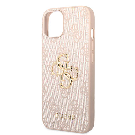 iPhone 15 Uyumlu Kılıf Guess Orjinal Lisanslı PU Deri Yazı ve 4G Metal Logolu Desenli Kapak Pembe
