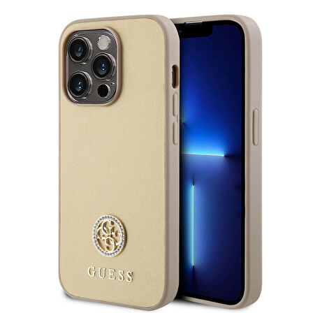 iPhone 14 Pro Max Uyumlu Kılıf Guess Orjinal Lisanslı Deri 4G Metal Logo Strass Kapak Gold