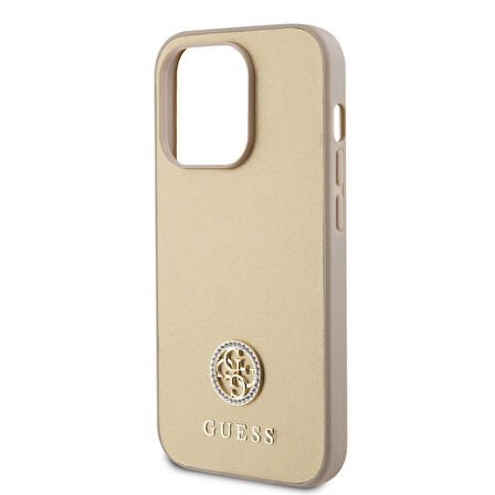 iPhone 14 Pro Max Uyumlu Kılıf Guess Orjinal Lisanslı Deri 4G Metal Logo Strass Kapak Gold